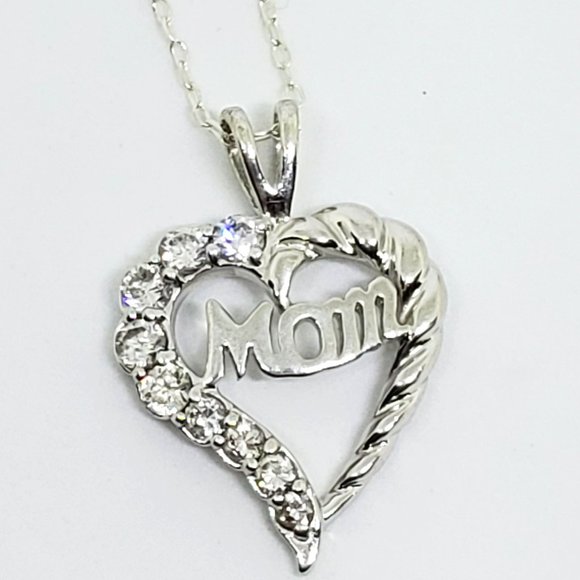 Mom Mother Brilliant Crystal Sterling Silver Heart Pendant RJ Graziano Necklace